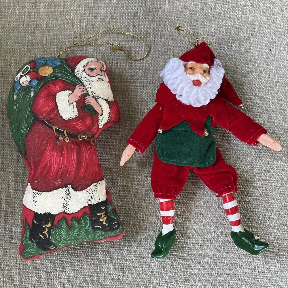 Vintage Christmas Lot Of 2 Santa Stuffed Pillow Ornament And Plastic Saint Nick